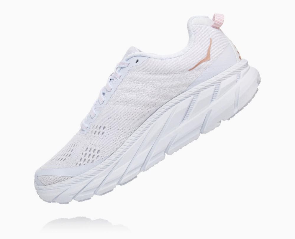 Chaussures Running Route Hoka Clifton 6 Wide Femme Blanche Rose Doré | POZT12954